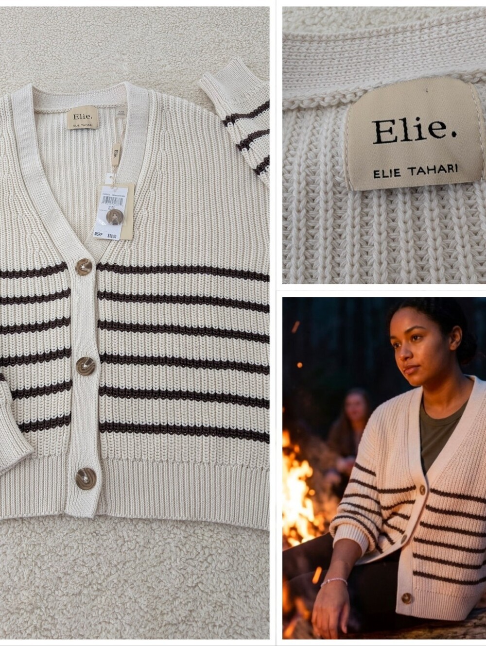 New Elie Tahari XL Cardigan 100% Cotton Oversized Stripe Fall Fave Bonfire Cozy
